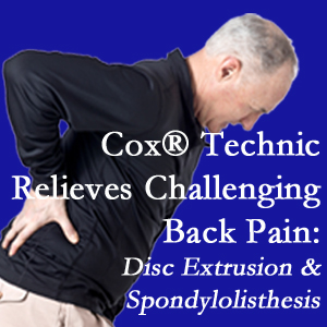 Georgetown chiropractic care with Cox Technic relieves back pain due to a painful combination of a disc extrusion and a spondylolytic spondylolisthesis.